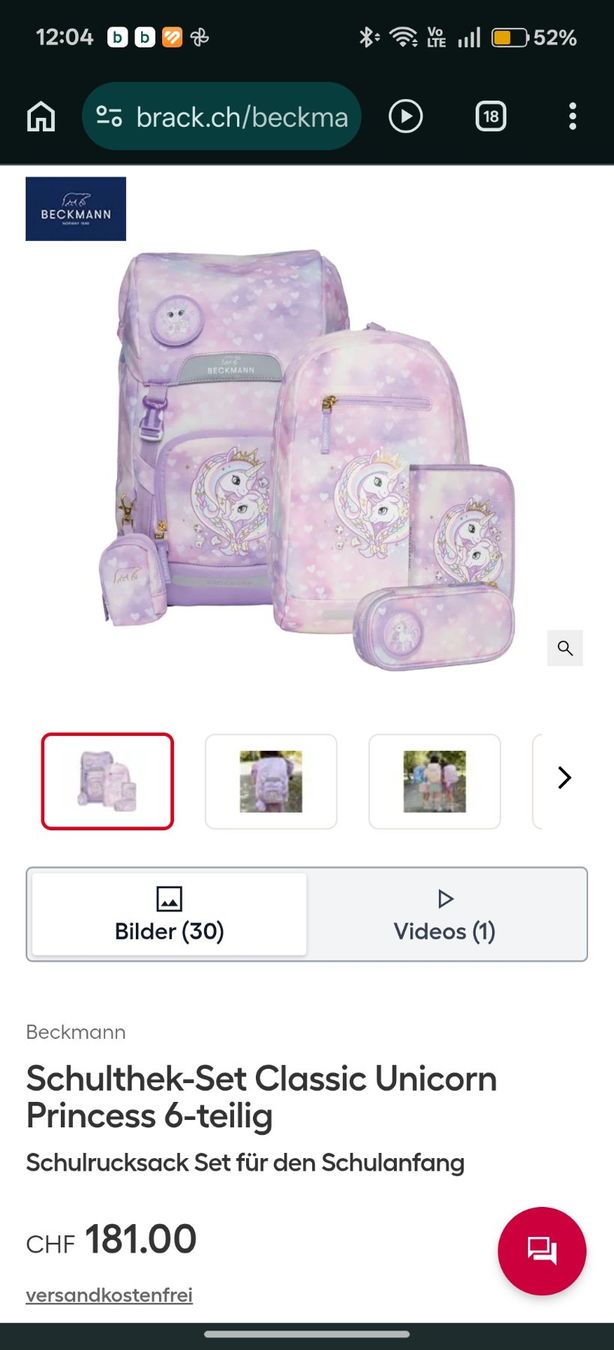 Borse & Zaini: Beckmann Kinderrucksack & Turnsack Einhorn lila mit Etui Grö – Usato da Veltheim AG venduto da maurog01 9