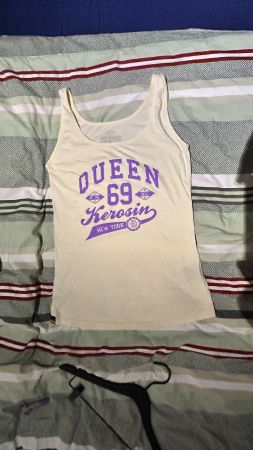 NEU Queen Kerosin Top, Beige mit Print, Grösse XL