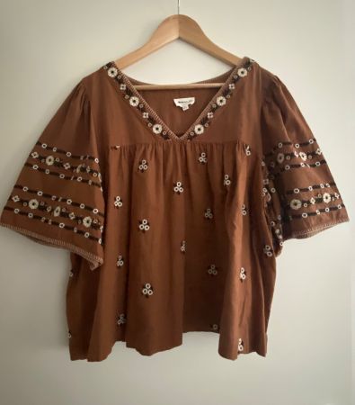MAISON 123 Blouse coton camel fleurs brodées 44 - portée 2x