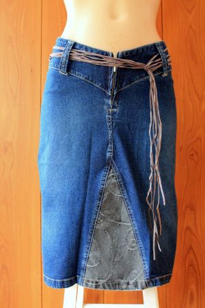 toller Jeansrock / ROCK mit Bindegürtel Patchwork  36 S Neu!