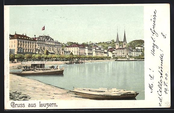 Ansichtskarten: AK Luzern, Uferpartie mit Hotel, 1900 – Gebraucht aus Berlin von bartko-reher