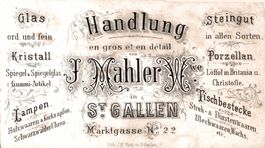 Werbekärtchen J. Mahler, St. Gallen. Glas, Lampen, Steingut