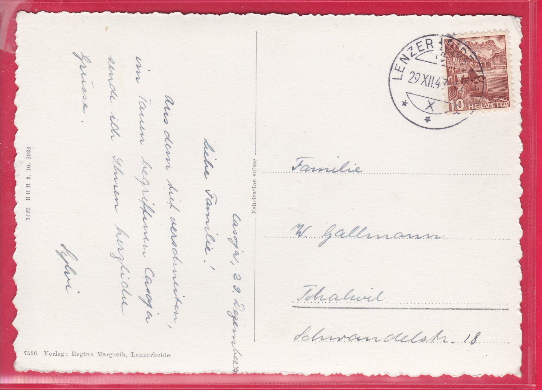 Ansichtskarten: LENZERHEIDE, SKILIFT, 29.12.1947 – Gebraucht aus Oberrieden von Gebirgsstelze 1