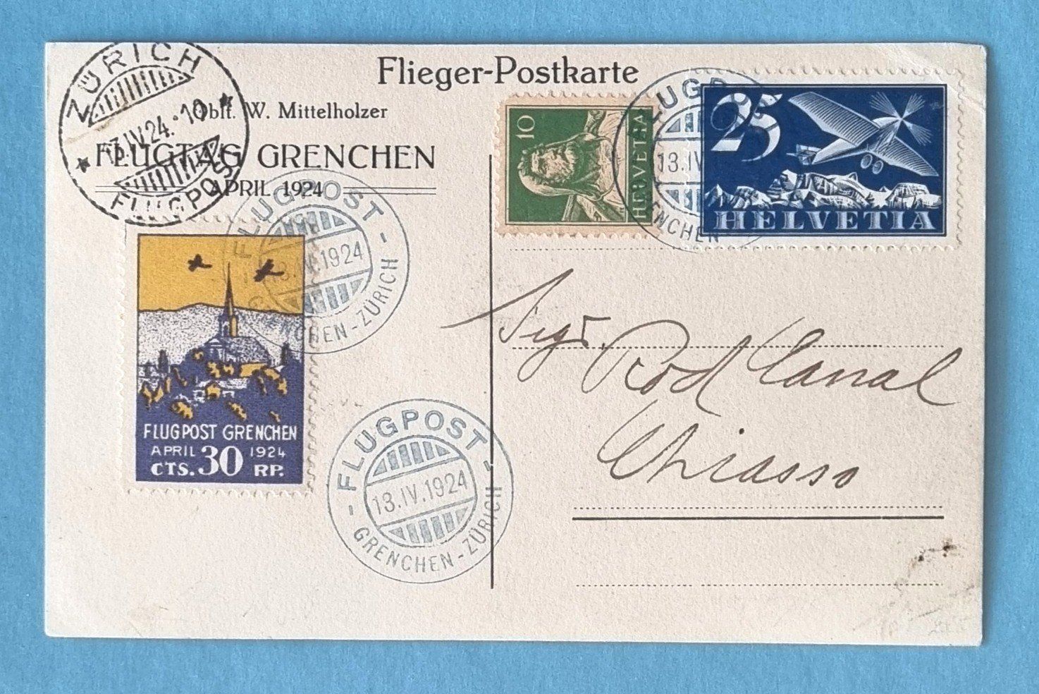 Cartoline postali: Grenchen - Flugtag - Flugpost - W. Mittelholzer - 1924 – Usato da Rothrist venduto da RROENK 1