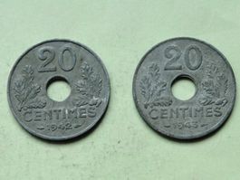 2x  20 Centimes France 1942 + 1943 Etat Francais