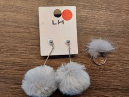 Schmuckset Ring und Ohrhänger Pelz grau neu