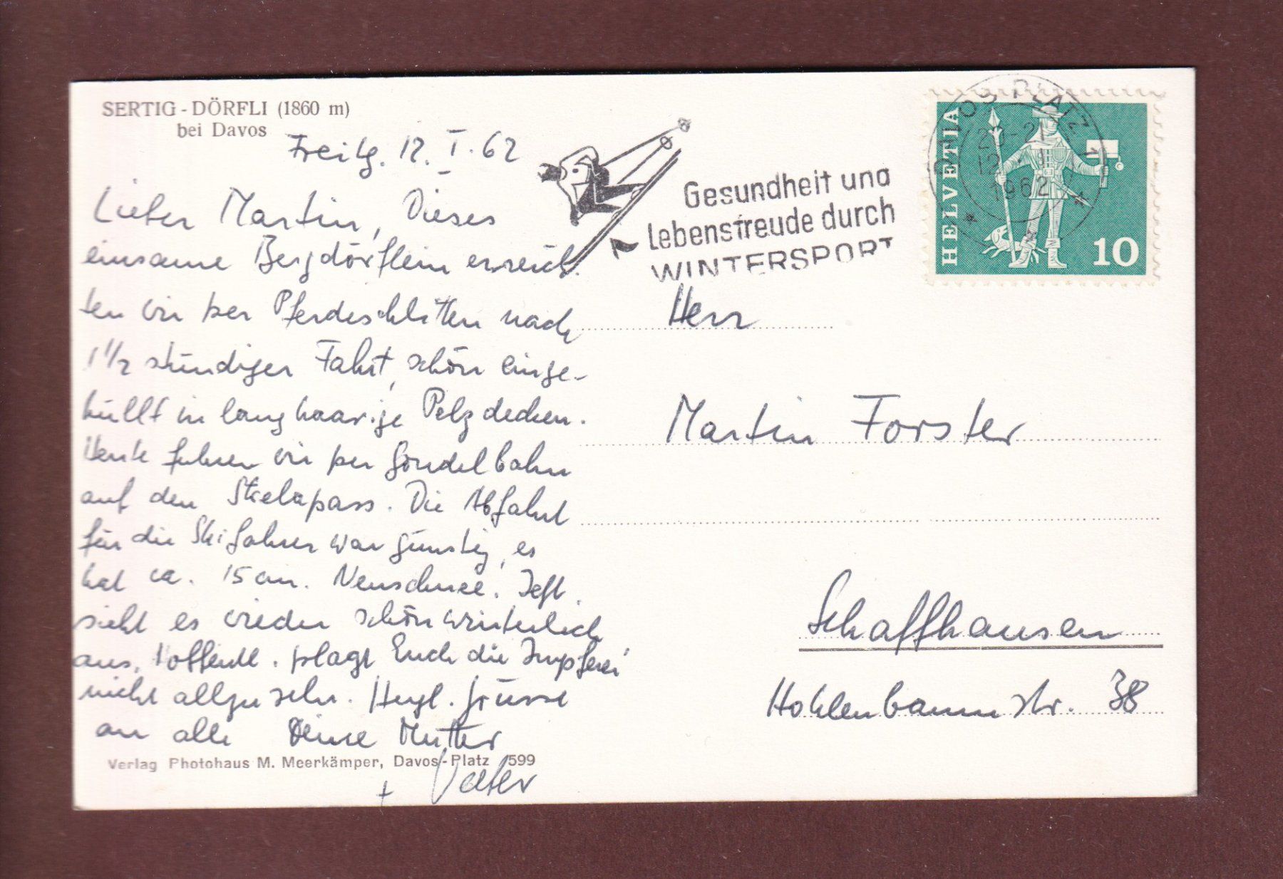 Cartoline postali: SERTIG-DÖRFLI bei Davos - 1962 – Usato da Pully venduto da nicecards 1