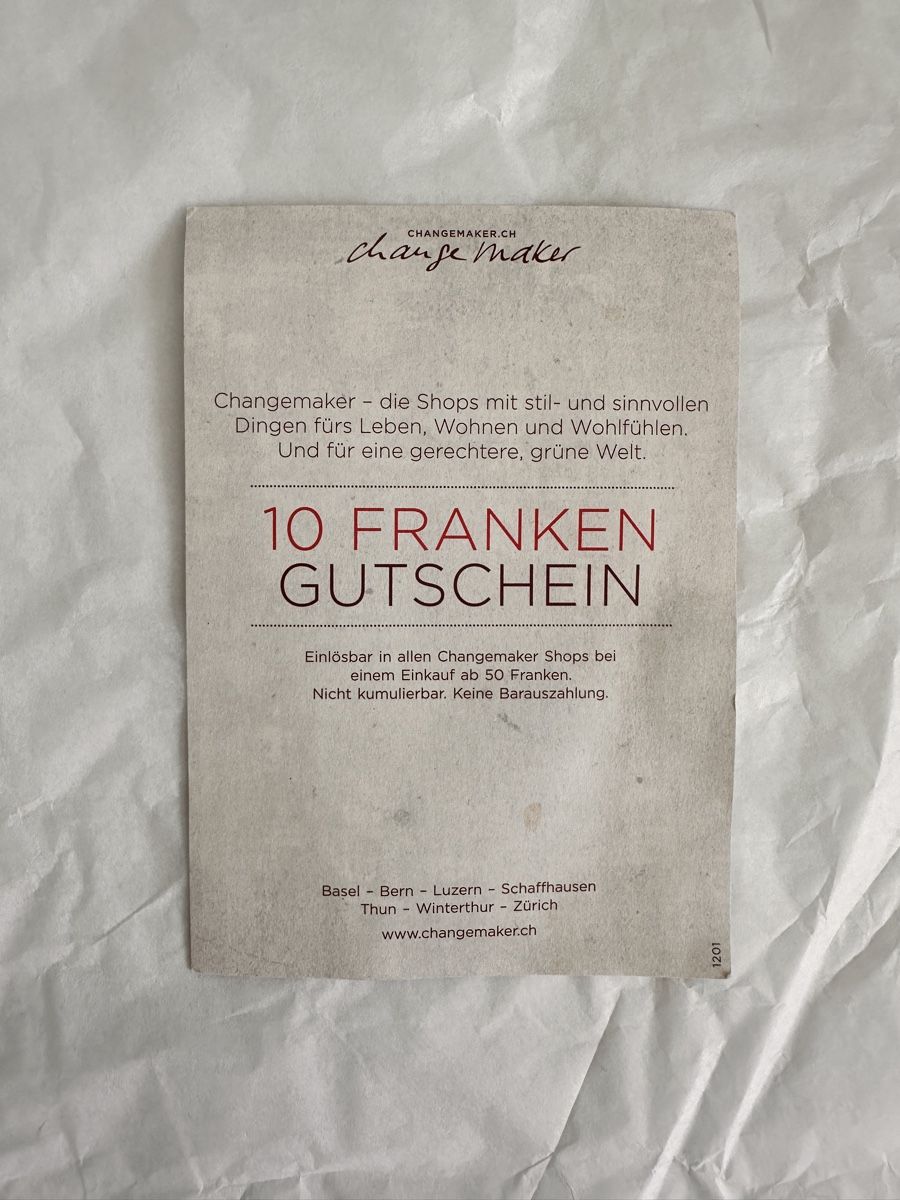 Buoni: Changemaker 10.- Gutschein ab 50.- Einkauf  – Nuovo e nell'imballaggio originale da Zürich venduto da MaxZurich