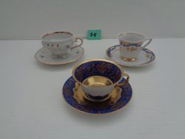 3 Mocca Tassen mit Unterteller Goldrand  - Vintage