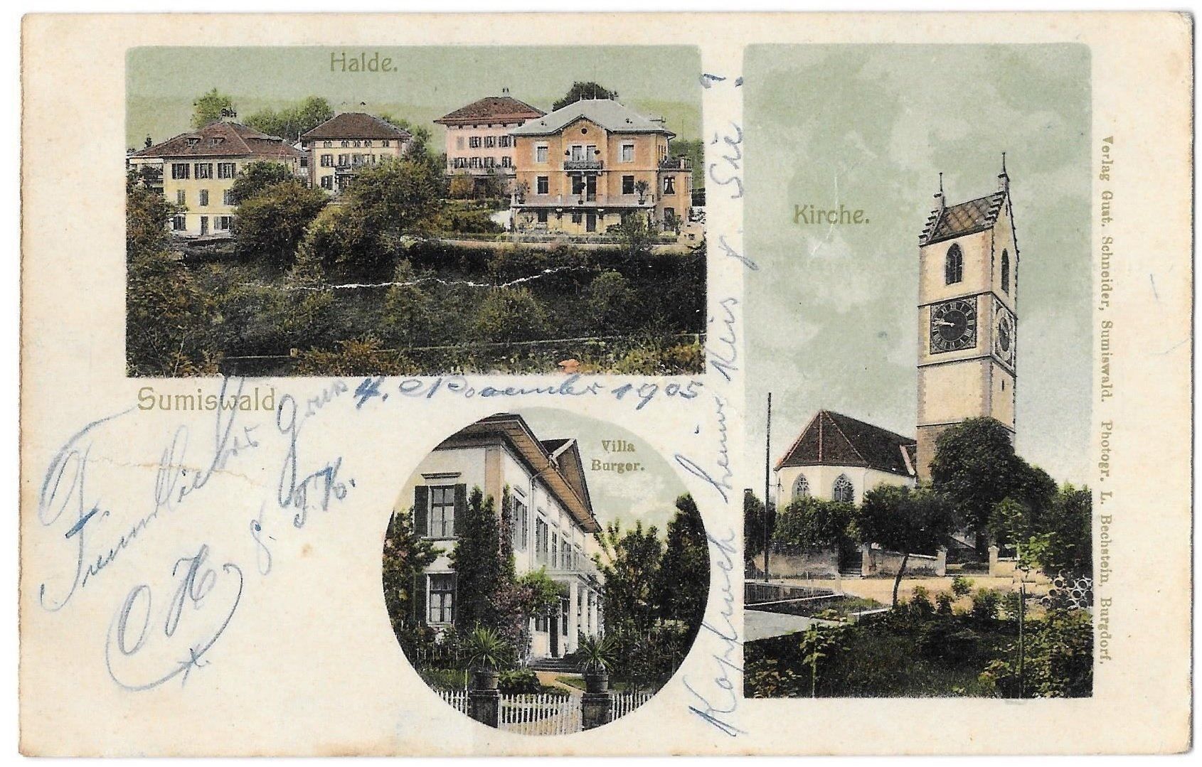 Cartoline postali: Sumiswald 3 Bilder Halde Villa Burger Kirche – Usato da Olten venduto da clotaldi