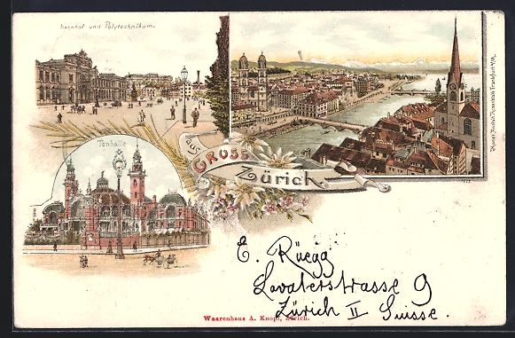 Ansichtskarten: Litho Zürich, Bahnhof, Polytechnikum, T – Gebraucht aus Berlin von bartko-reher