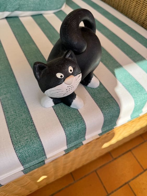Handgemachte Keramik-Katze Als Gartenstecker – Mittel-blau, Ca. 17 Cm Hoch, Rustikaler Dekofigur