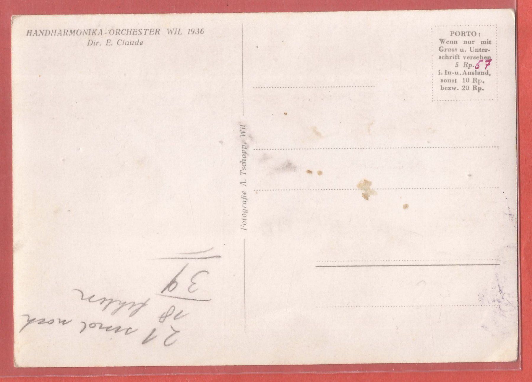 Cartoline postali: Wil SG - Handharmonika-Orchester 1936 – Usato da Fislisbach venduto da Porano 1