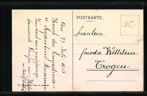 Ansichtskarten: AK St. Moritz, Engadiner-Museum, 1915 – Gebraucht aus Berlin von bartko-reher 1