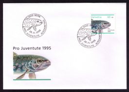 1995_J337_Pro Juventute_MAXIMUM-FDC «BACHFORELLE»_3xForelle!