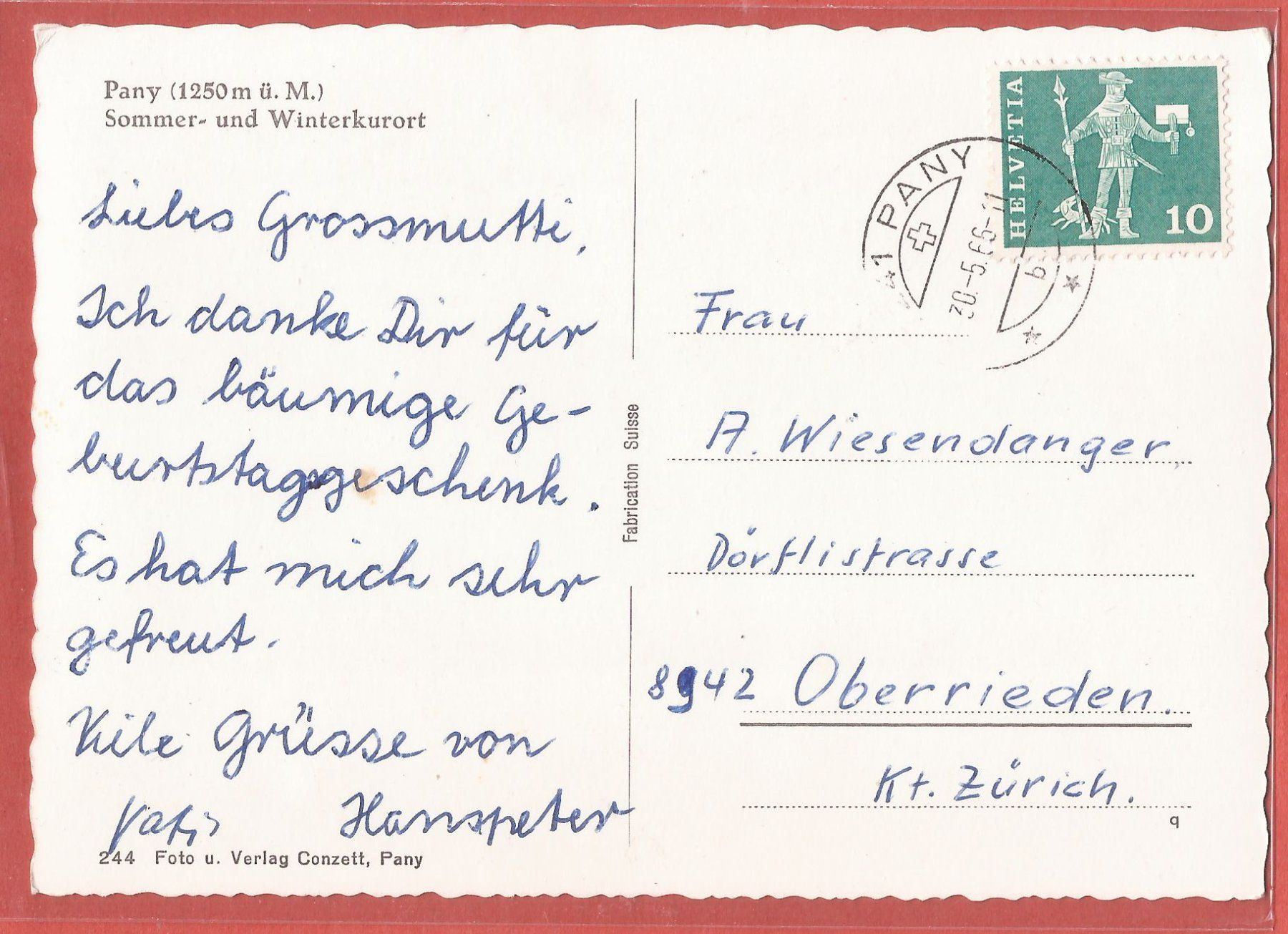 Ansichtskarten: Pany im Prättigau - 1966 gestempelt – Gebraucht aus Fislisbach von Porano 1