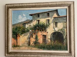 Gemälde "Landhaus", Öl auf Leinwand, Künstler unbekannt