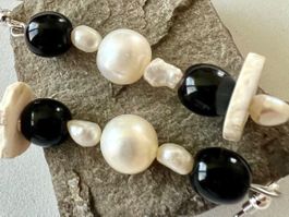 Ohrhänger 925 Silber Onyx Echtperlen fossile Koralle neu 6cm