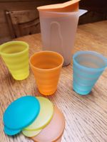 Tupperware Krug, Orange  1l + drei Tupperware Becher m Decke