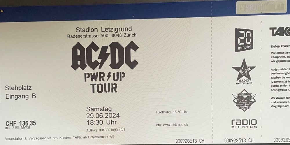 AC/DC Ticket, 1x Stehplatz, Zürich 29.06.2024 | Kaufen auf Ricardo
