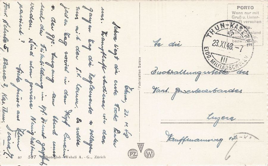 Cartoline postali: Thun, Feldpost 1948 EIDG. MILITÄRSCHULEN – Usato da Frauenfeld venduto da POML 1