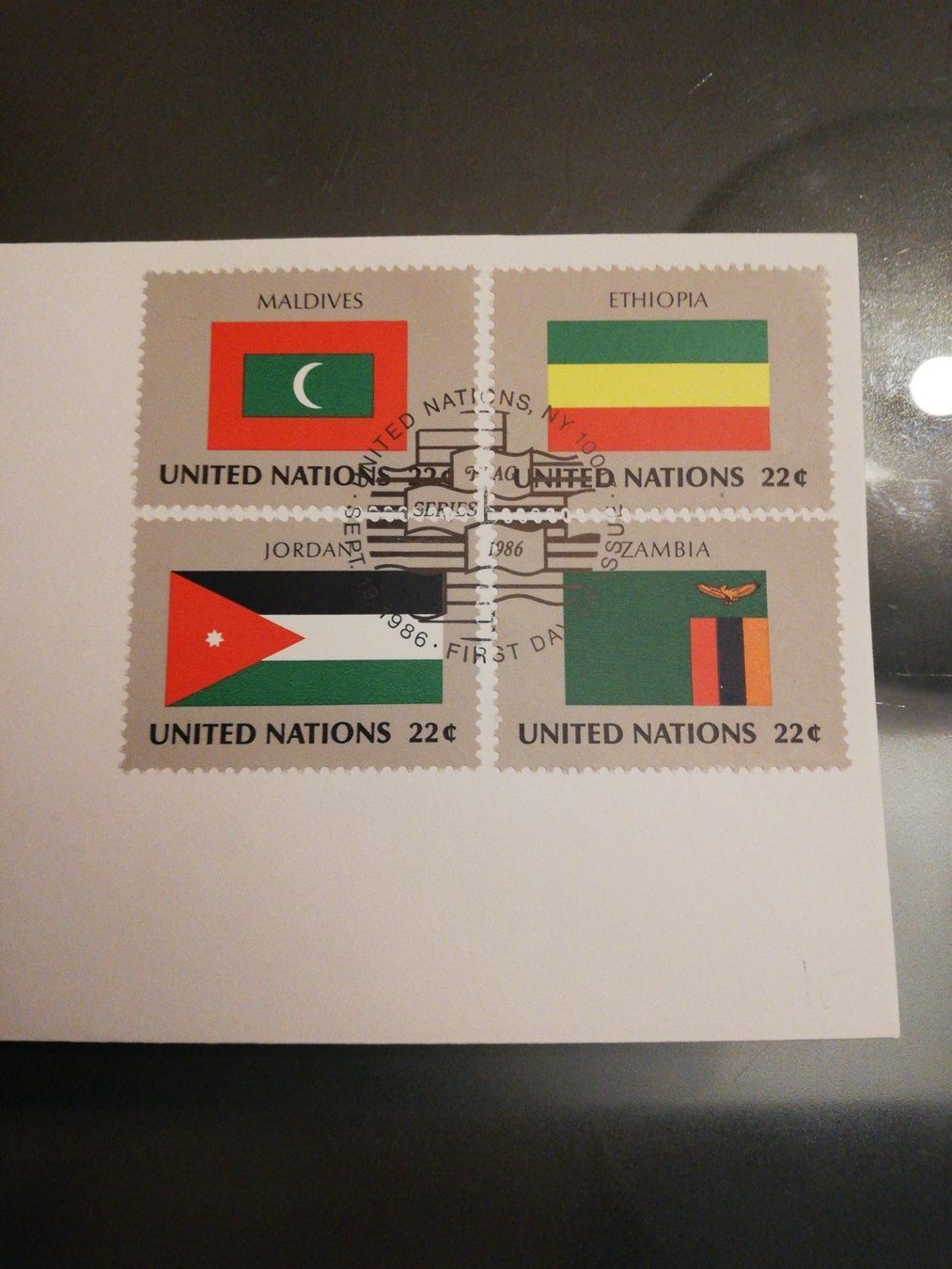 Alle Briefmarken: UNO Flaggen 1986, auf FDC – Gebraucht aus zumikon von lotegrandote 3