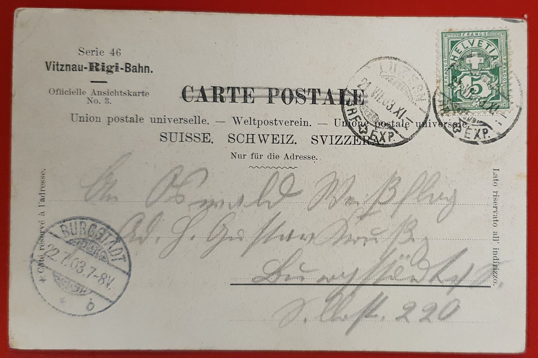 Cartoline postali: Vitznau - Rigi Bahn 1903 – Usato da Kreuzlingen venduto da Rschweiz1 1