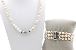 Set Perlenkette & Armband 18K Weissgold Verschluss *S1185