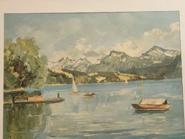 Altes Bild im Rahmen mit See / Schiffe und Alpenpanorama