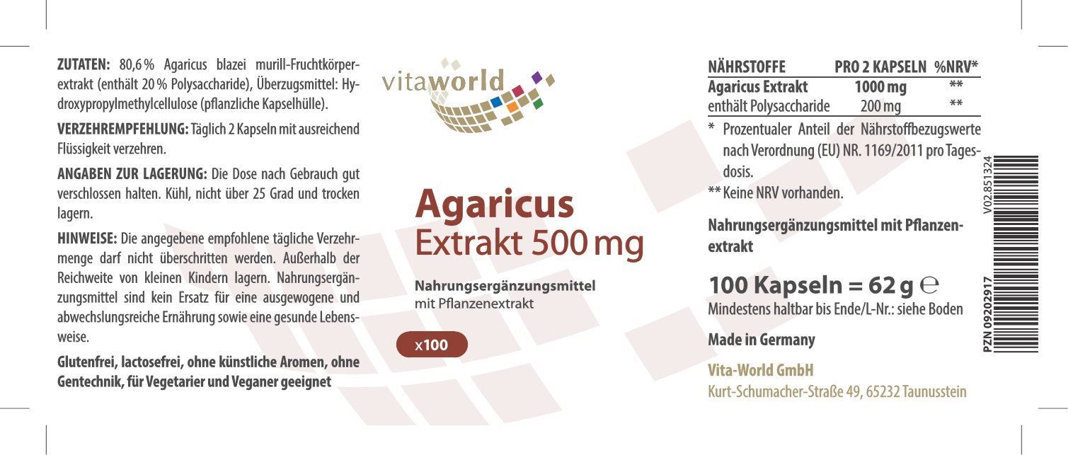 Alimentazione, Vitamine & Minerali: Agaricus Extrakt 500mg 100 Vegi Kapseln – Nuovo e nell'imballaggio originale da Tiefenbach venduto da nhp-bedarf 1