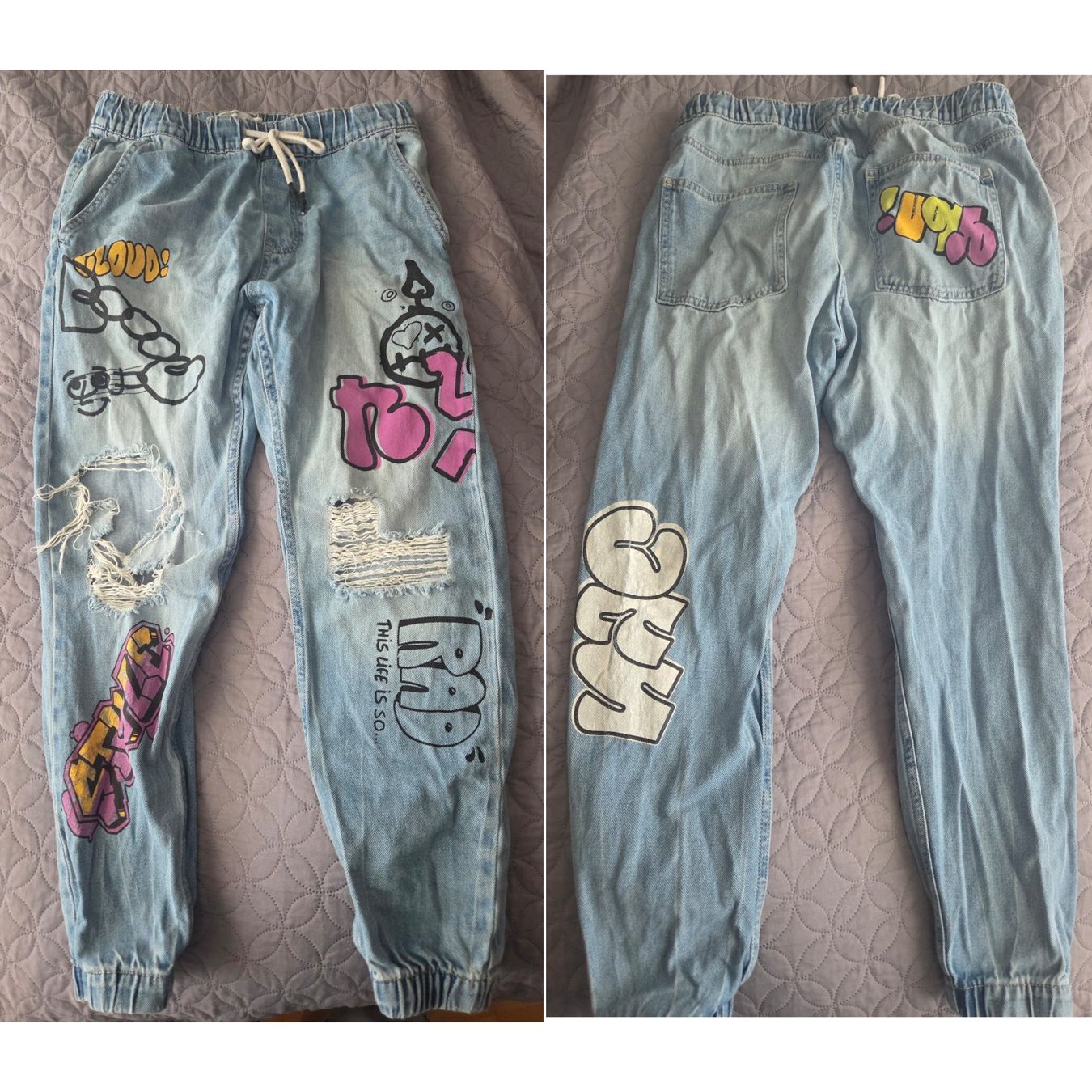 Bershka Jeans: Bershka Ripped Graffiti jogger Jeans – Usato da horn venduto da CherryCrow