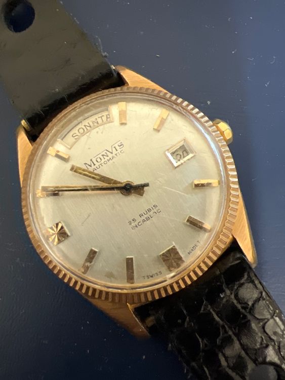 Montre Vintage Homme Monvis Automatique Suisse - 25 Rubis, Incabloc - Années 60 - Plaqué Or - Occasion Excellente