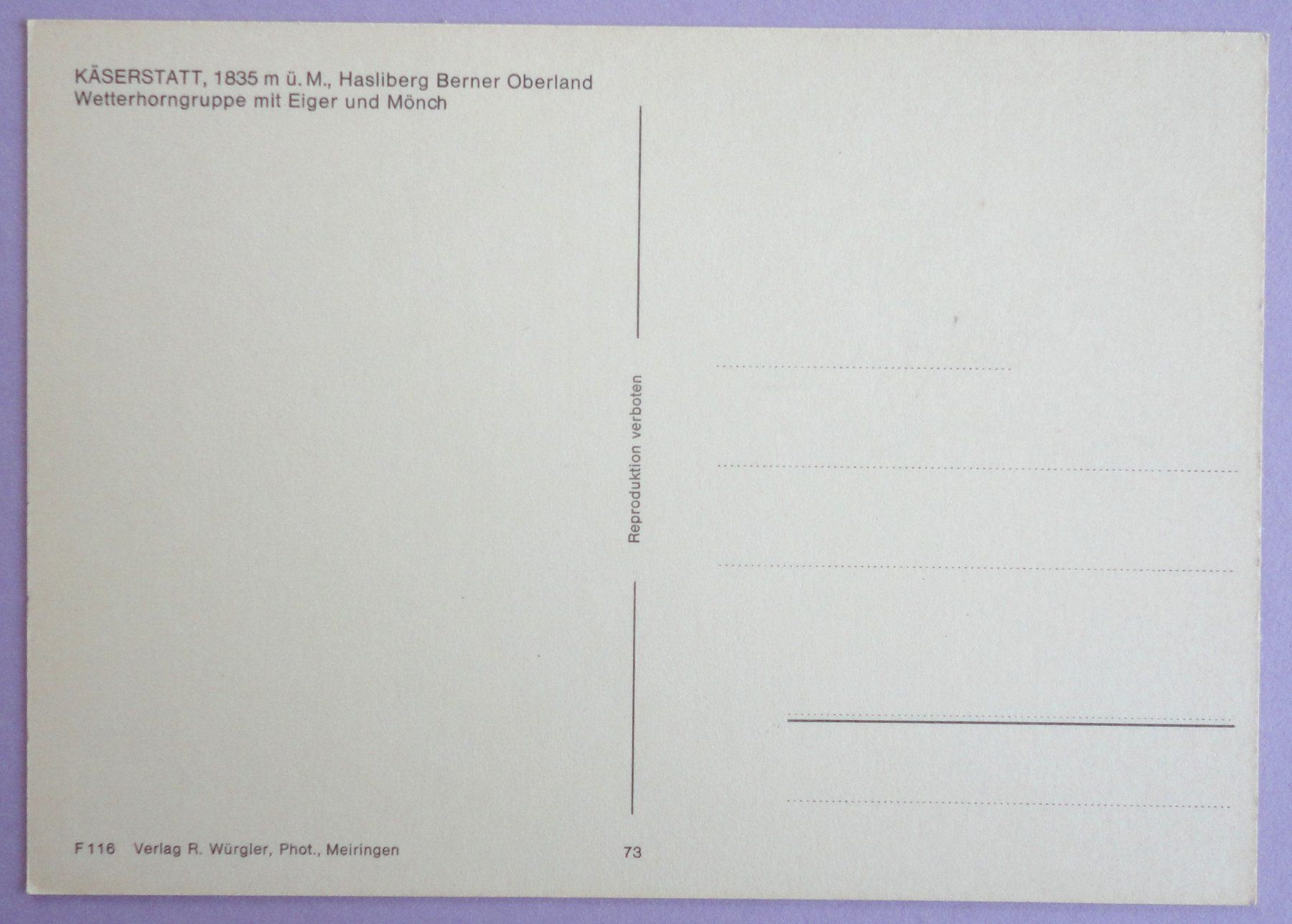 Cartoline postali: Käserstatt, 1835 m ü.M., Hasliberg, B.O. – Usato da Fétigny venduto da Billy2miny 1