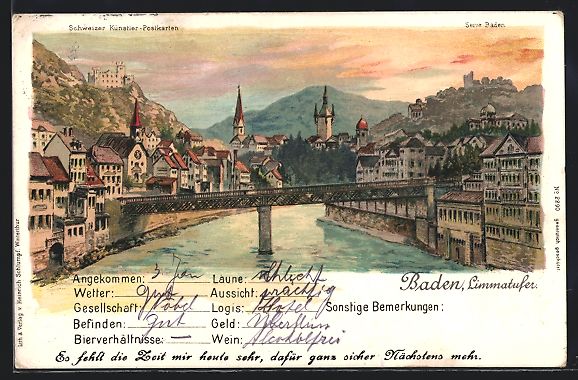 Cartes postales: Litho Baden, Ortspartie am Limmatufer – D'occasion à Berlin par bartko-reher