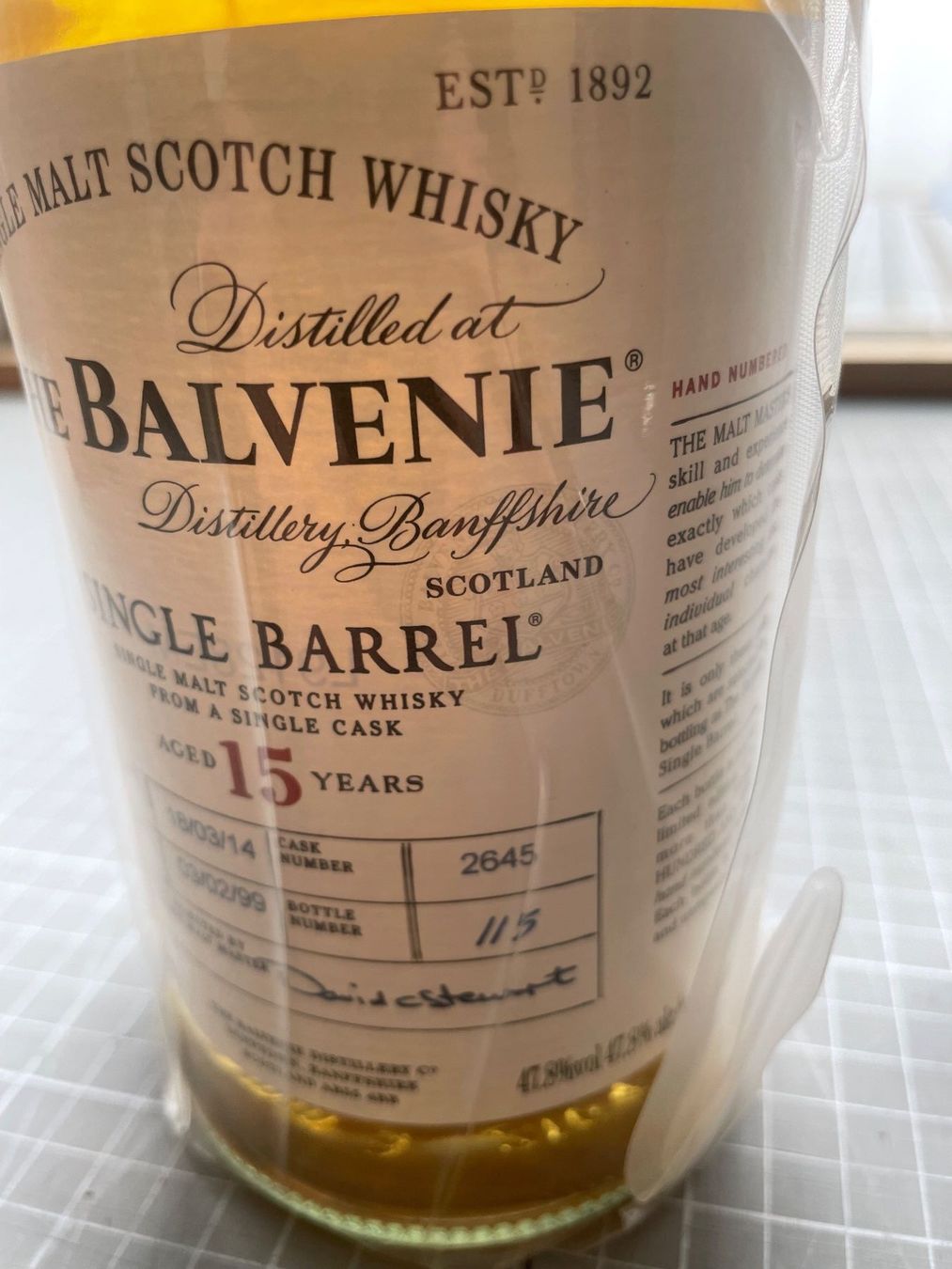 Balvenie Bevande alcoliche: The Balvenie 15 Years Single Barrel – Nuovo e nell'imballaggio originale da Flawil venduto da Pirar 2