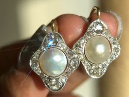 Perlenohrringe Edwardian Antik, Gold 18k 750Platin Diamanten