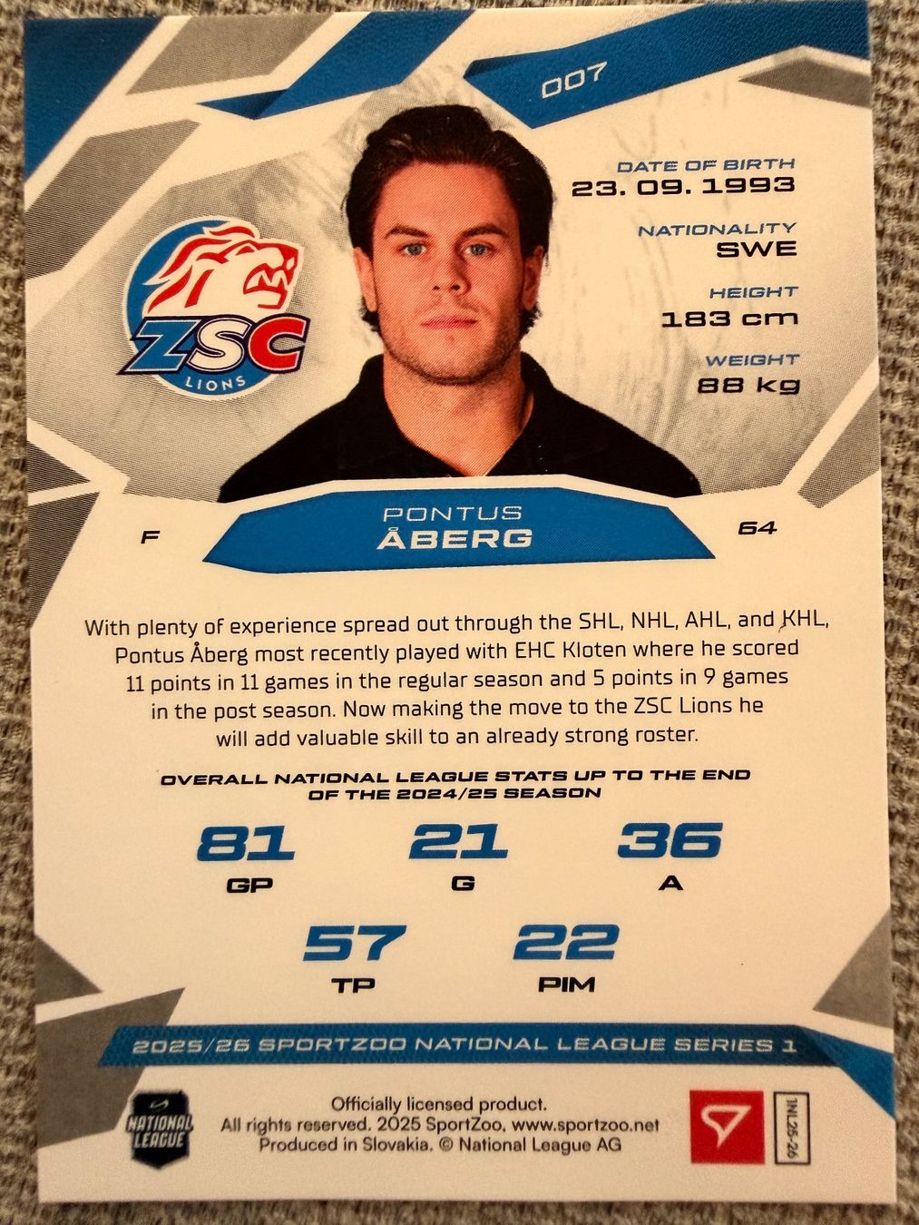 Sportzoo Carte collezionabili: Pontus Aberg - ZSC - red parallel - 08/20 – Nuovo (secondo la descrizione) da Cheyres venduto da KeK04 1
