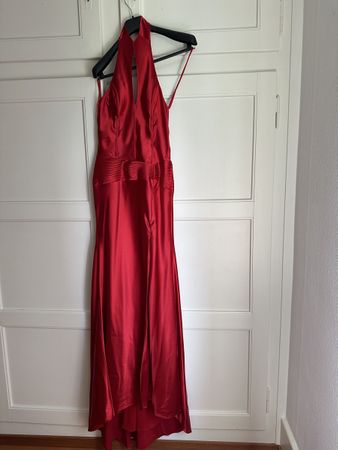 Elegant Red Satin Evening Dress, Halter Neck, Size 38