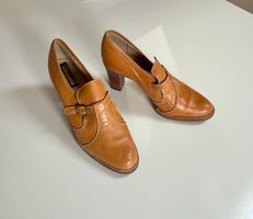 70s Vintage Leder Pumps 39 Cognac Blockabsatz Made in Italy