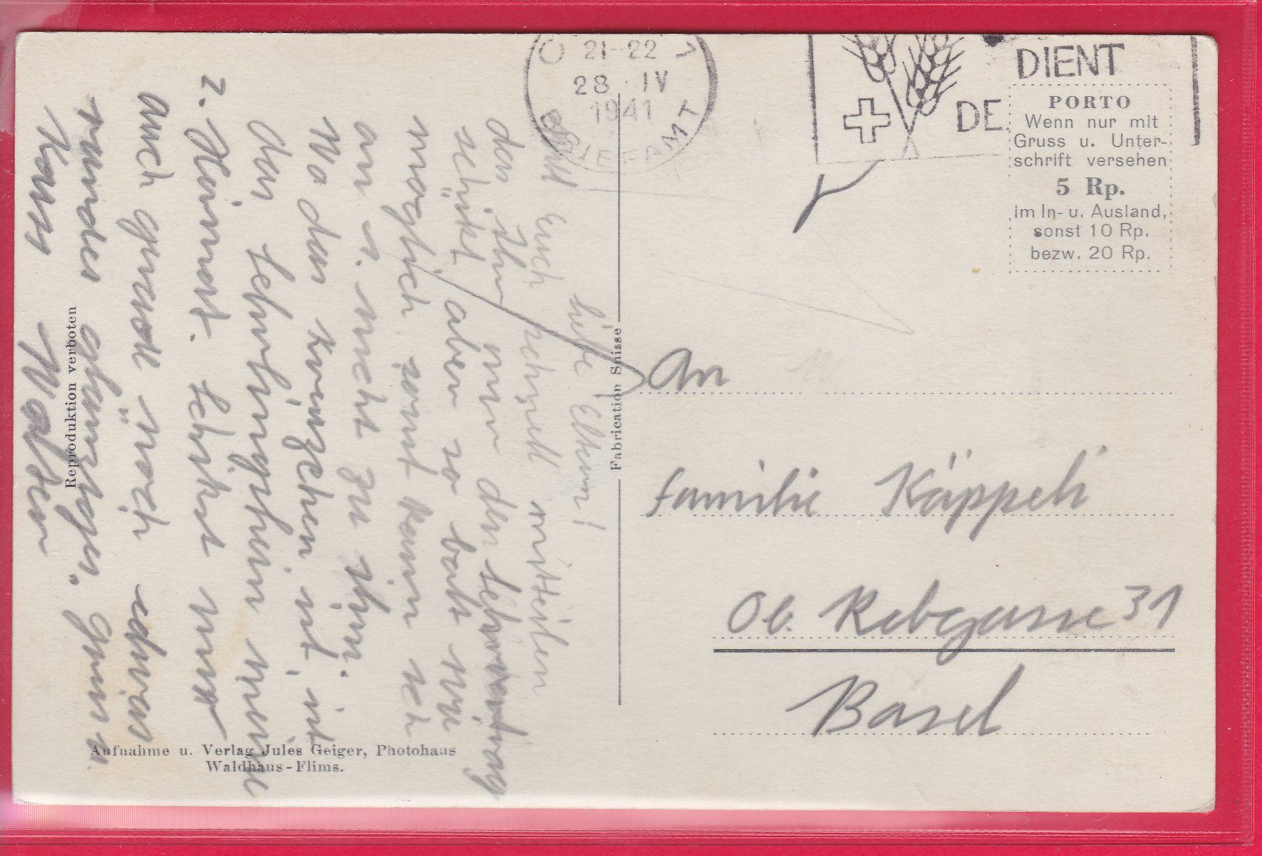 Cartoline postali: CHUR MIT CALANDA, 28.4.1941 – Usato da Oberrieden venduto da Gebirgsstelze 1