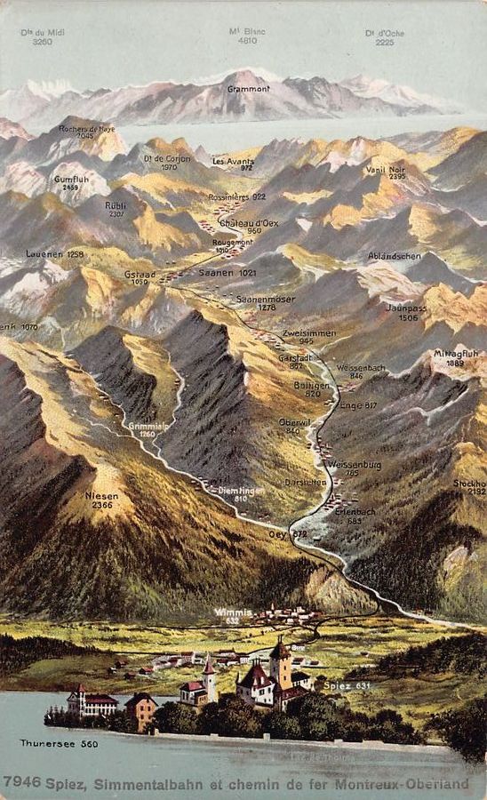 Cartoline postali: Vogelschau-AK: Spiez, Simmentalbahn & MOB – Usato da Frauenfeld venduto da POML