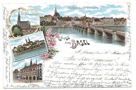 Gruss aus Basel - Elisabethen-Kirche - Pfalz - Rathaus Litho