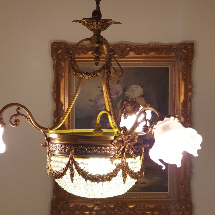 ANTIKE ALTE JUGENDSTIL Tisch~ Lampe Aus Metallguss Mit Farbigem Glasschirm 54cm EUR 299,00