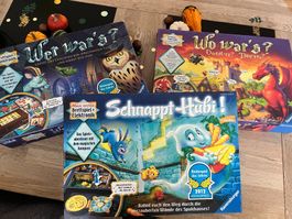 Brettspiel-Konvolut: Schnappt Hubi / Wer war's? / Wo war's?