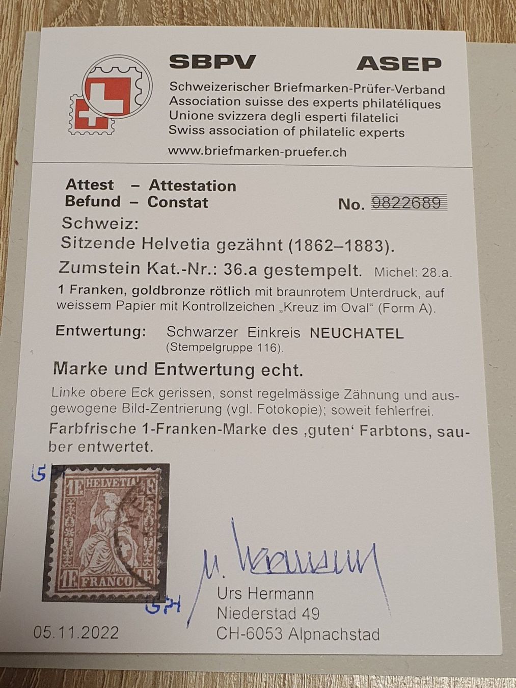Alle Briefmarken: 36a Goldbronze rötlich Kat. 600.- mit Attest – Gebraucht aus Balgach von SIMEON27 2