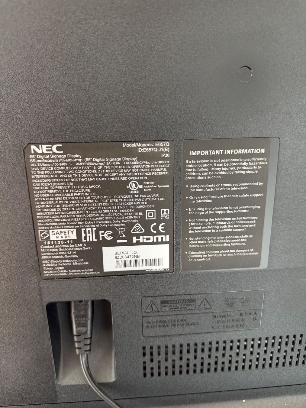 Nec Monitor: SET: NEC MultiSync E657Q Signage Display / MeetUp / Ständer – Usato da Zürich venduto da torvik 6