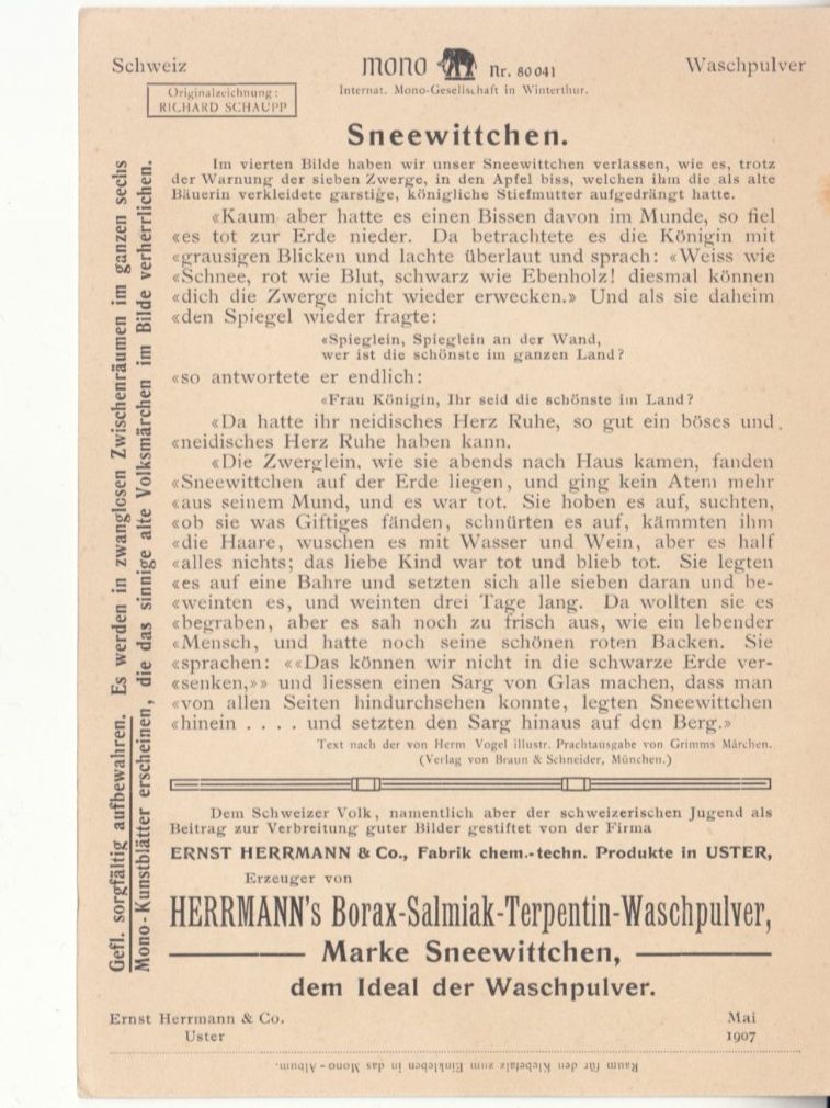 Cartoline postali: Werbekarte Schneewittchen Waschpulver 1907 – Usato da Bürglen TG venduto da StampGraf 1