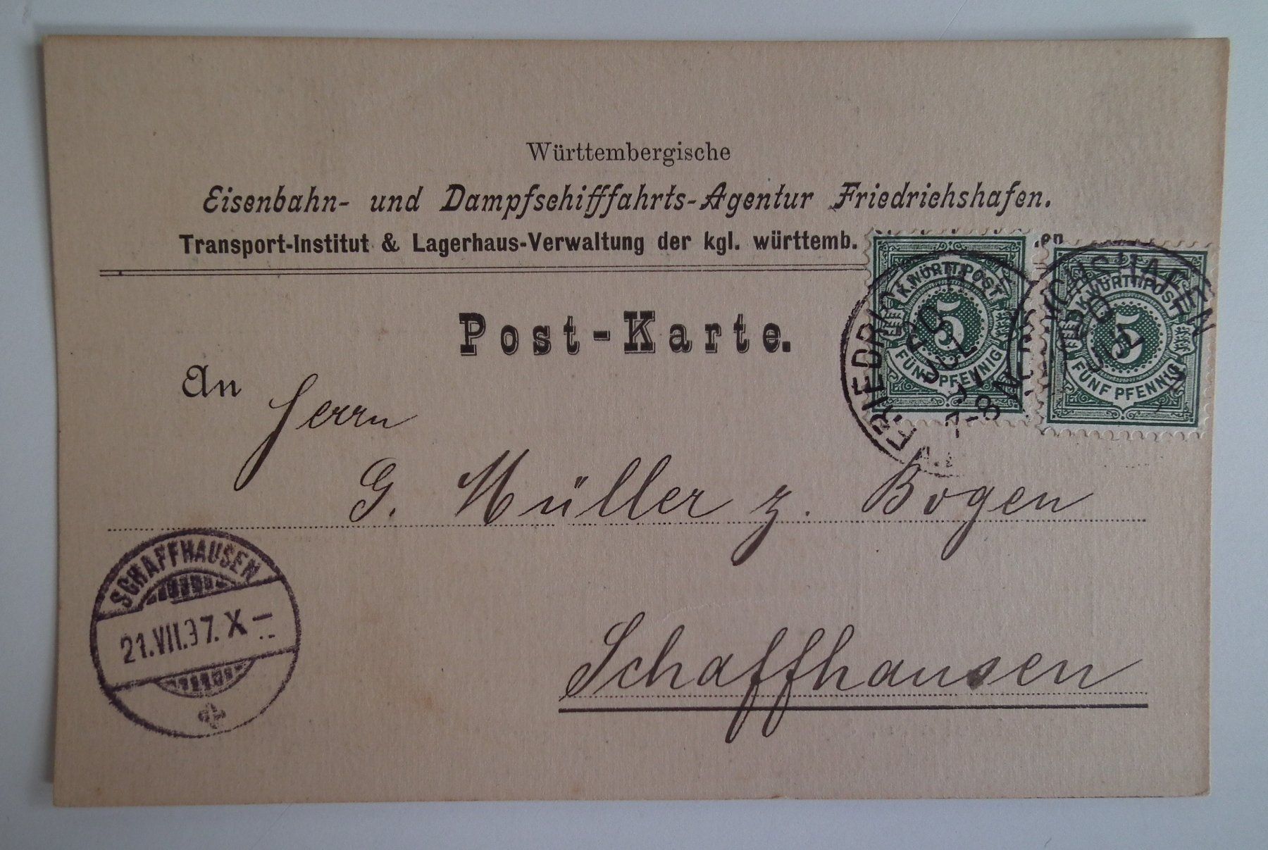 Tutti i francobolli: Friedrichtshafen  Postkarte Eisenbahn- Dampfschifffahrt 1897 – Usato da Kriens venduto da WULLU99
