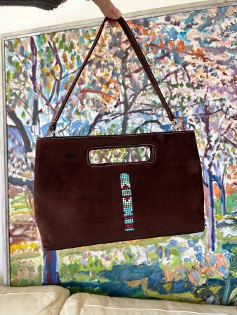 Vintage swarovski brown suede bag