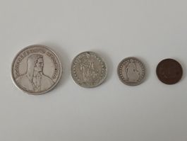Schweizer Münzen 4 Stk. 5 Fr., 50 Rappen,1 Fr., 1 Rappen